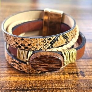 Leather Cuff Stacked - Wood, Snake, Braided Rope, Magnetic Closure - BRAND NEW